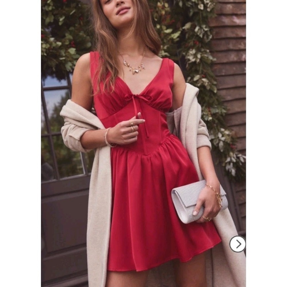 Francesca's Helena Satin Corset Mini Dress Women Large Red Pockets Basque Waist